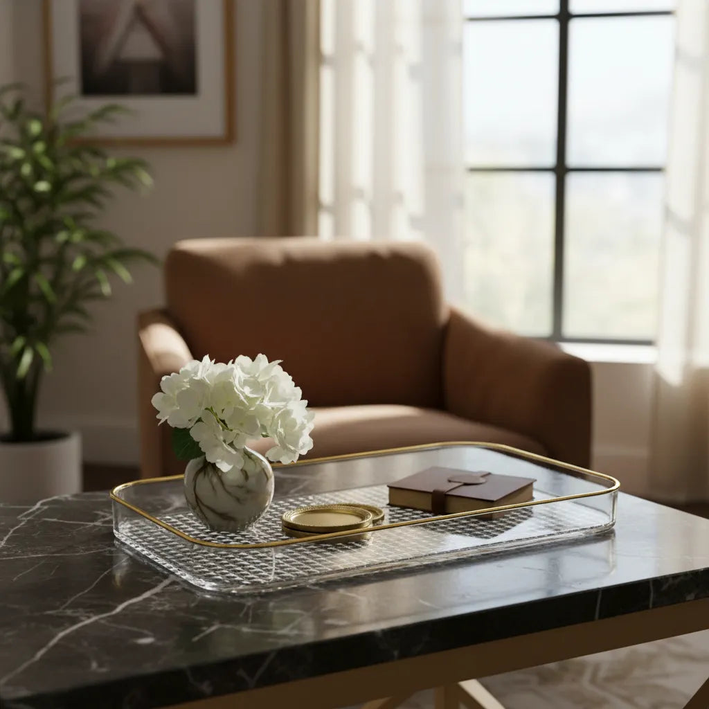 Bandeja Decorativa em Acrílico Cristal com Borda Dourada 30cm – Café & Beleza