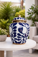 Vaso Elegance Porcelana Branco, Azul e Dourado 30x20