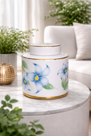 Vaso Decorativo Porcelana Azul e Branca Cilíndrico Floral 15 x 14,5 cm