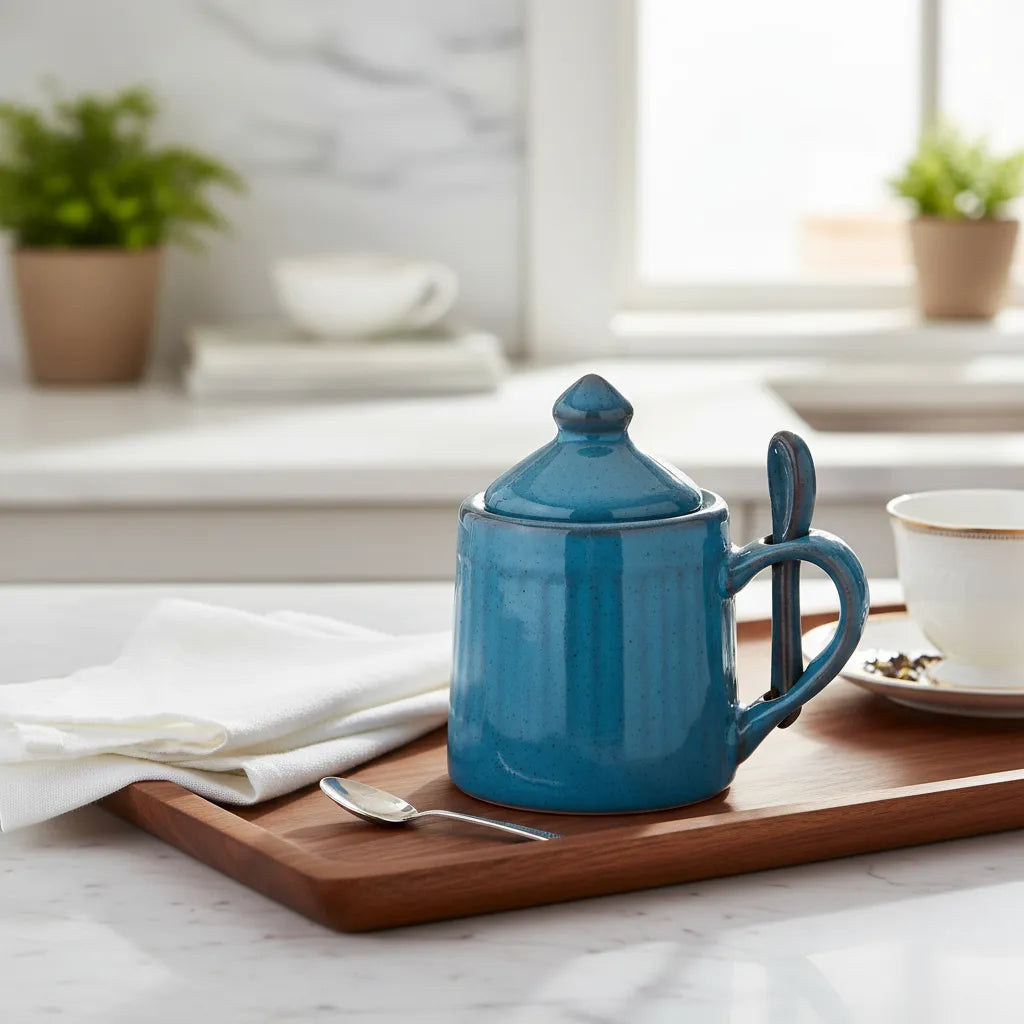 Açucareiro de Cerâmica com Tampa e Colher Azul Acqua - 13x7