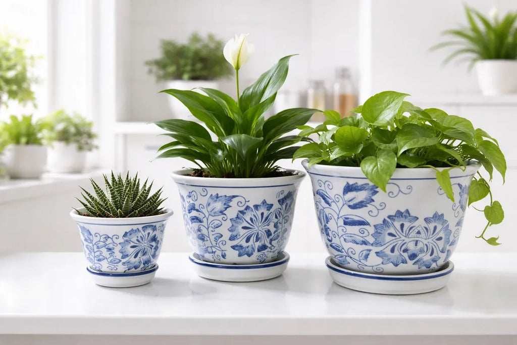 Kit 3 Cachepots Cerâmica Azul & Branco Clássico Imperial