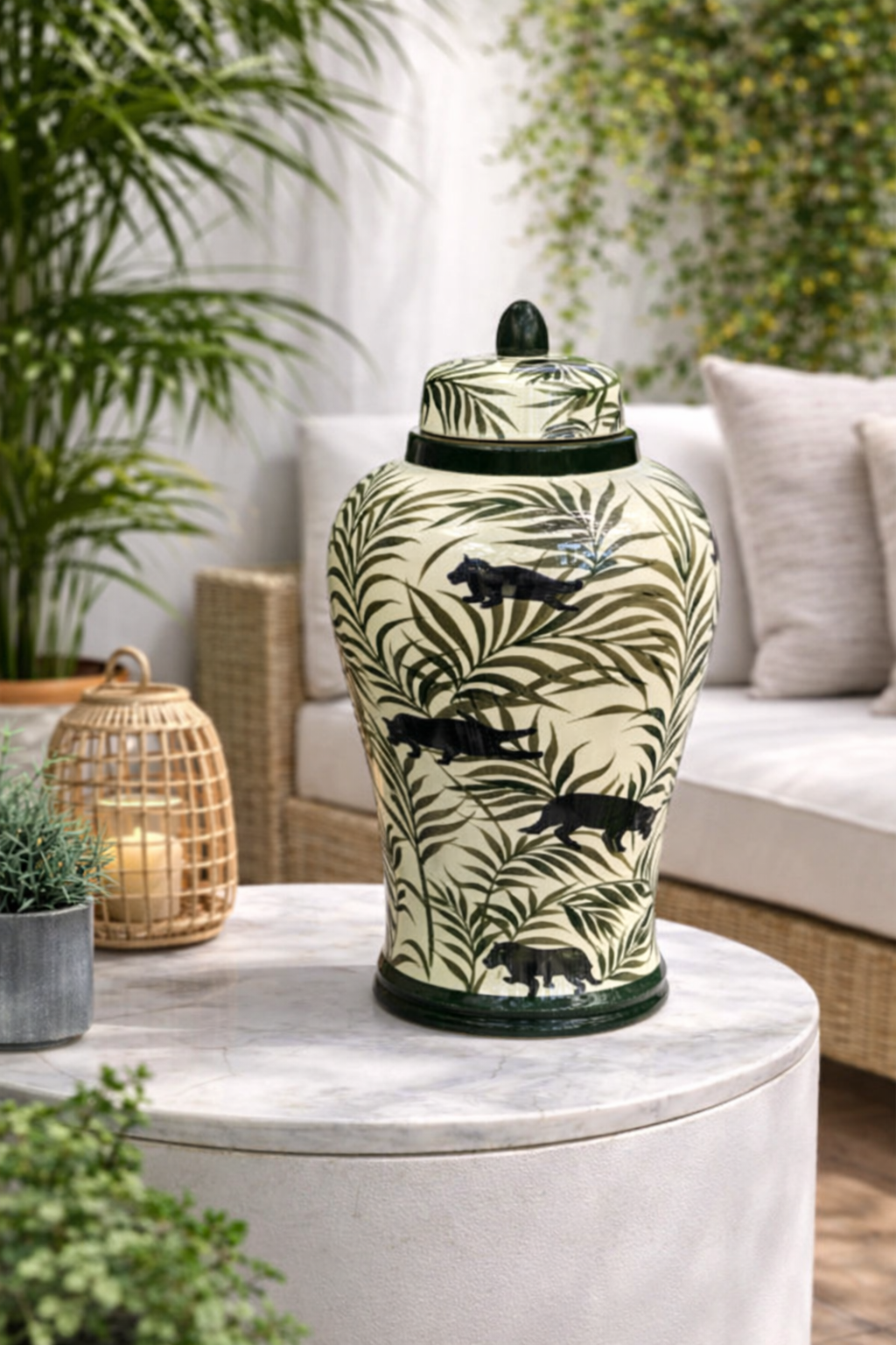 Vaso Decorativo Porcelana Verde Floral 35x21 com Tampa