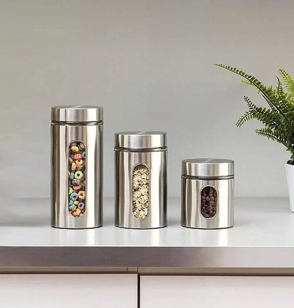 Jogo Pote Hermético Aço Inox Visor Vidro 3 Pçs Condimentos Pratead