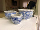 Cachepots de cerâmica azul e branco em detalhe