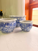 Trio de cachepots de cerâmica azul e branco