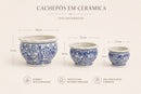 Jogo 3 cachepots de cerâmica azul e branco com medidas