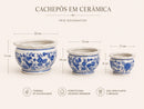 Jogo 3 cachepots de cerâmica azul e branco com medidas
