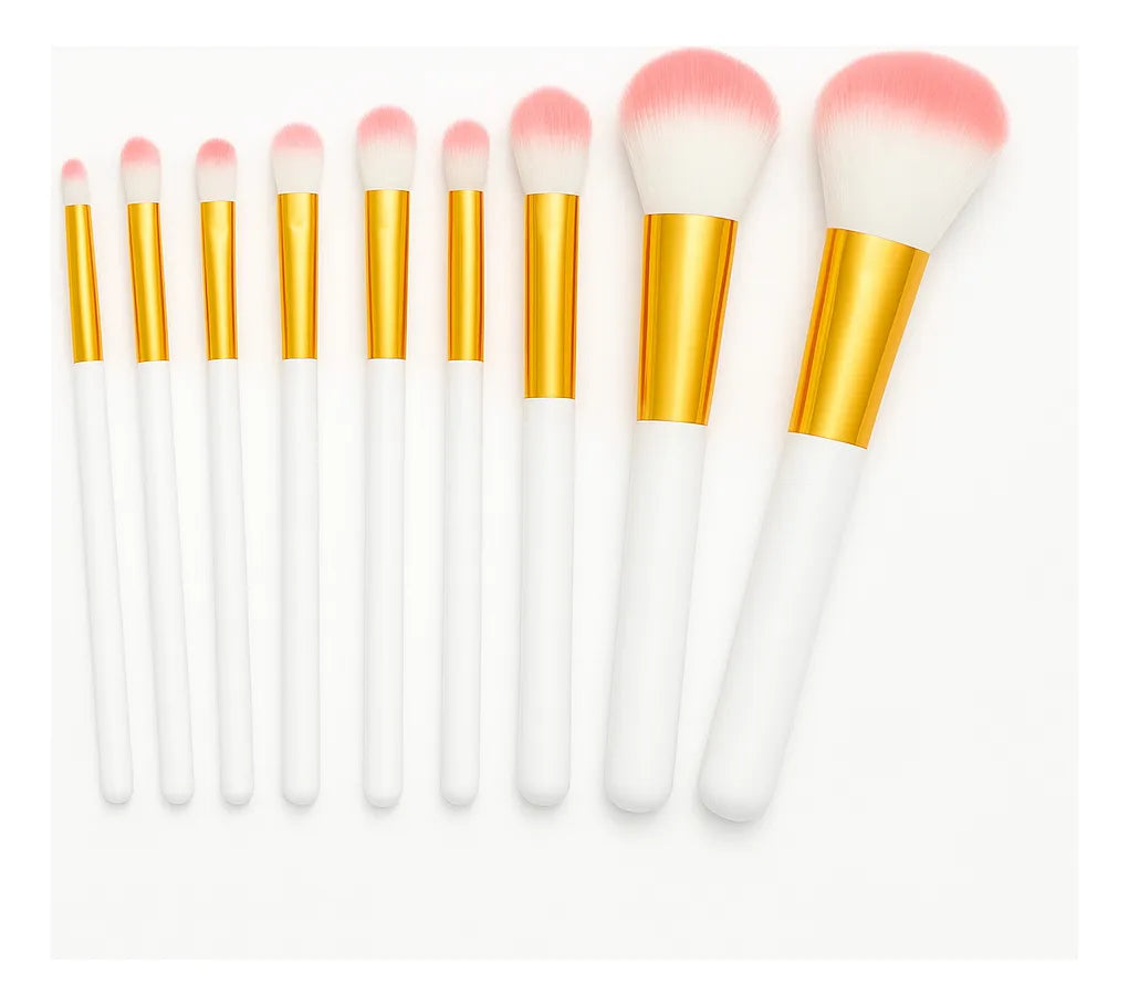 Kit 10 Pinceis Maquiagem Branco Rosa Seda