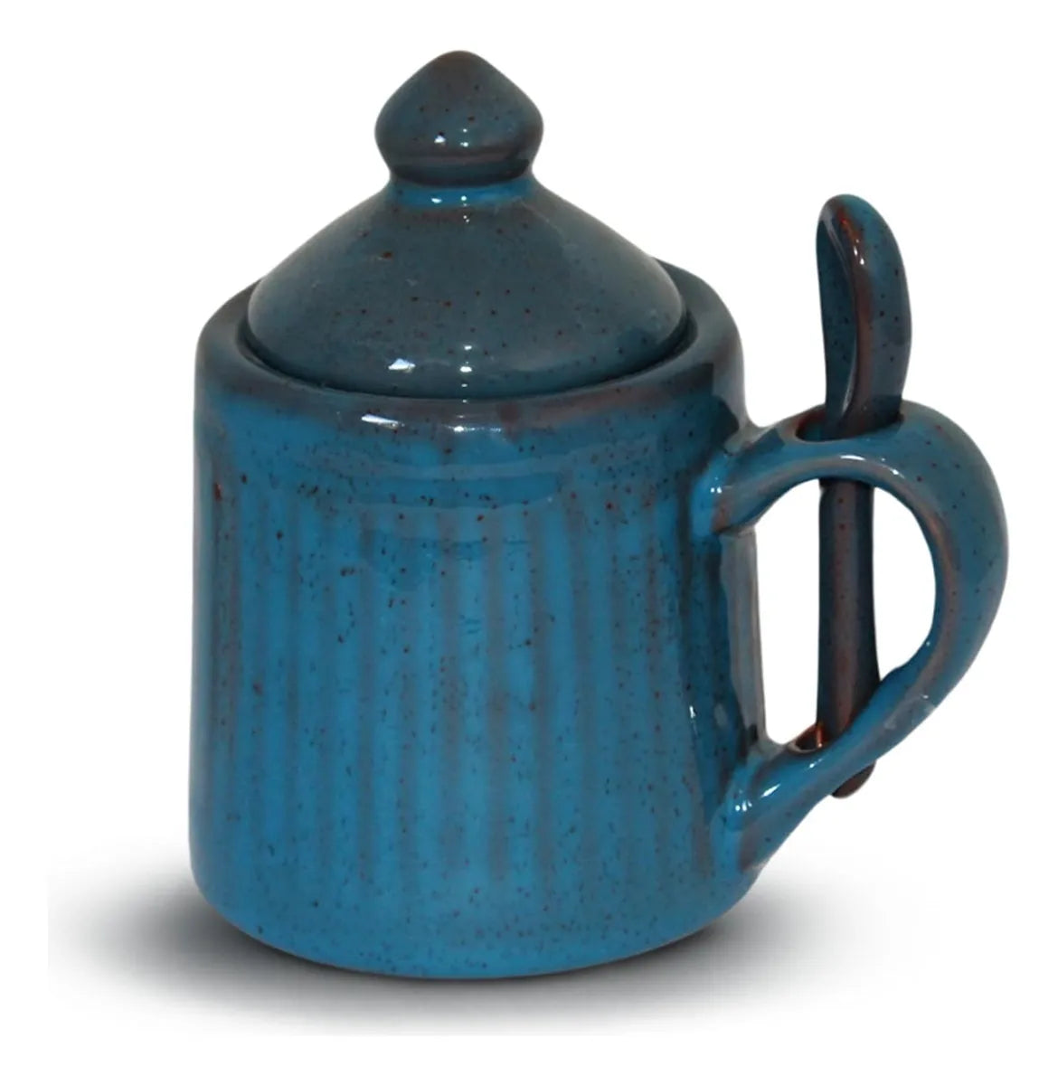 Açucareiro de Cerâmica com Tampa e Colher Azul Acqua - 13x7