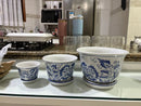 Kit 3 Cachepots Cerâmica Azul & Branco Clássico Imperial