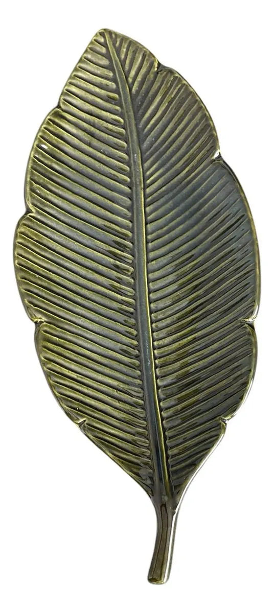 Travessa Centro De Mesa Folha Ceramica Verde 44x16