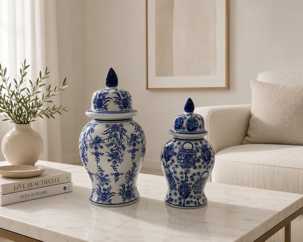 Vaso Decorativo Porcelana Azul E Branco Luxo Clássico 50x30
