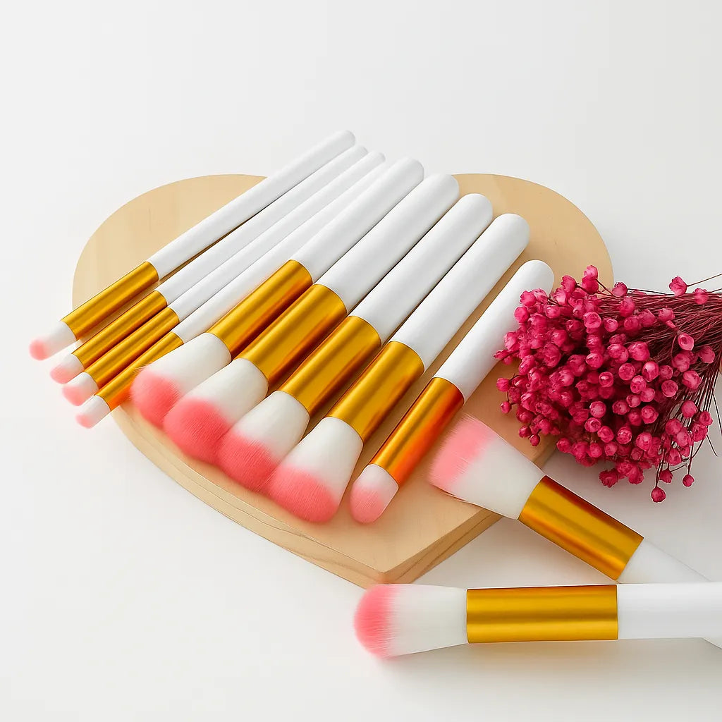 Kit 10 Pinceis Maquiagem Branco Rosa Seda