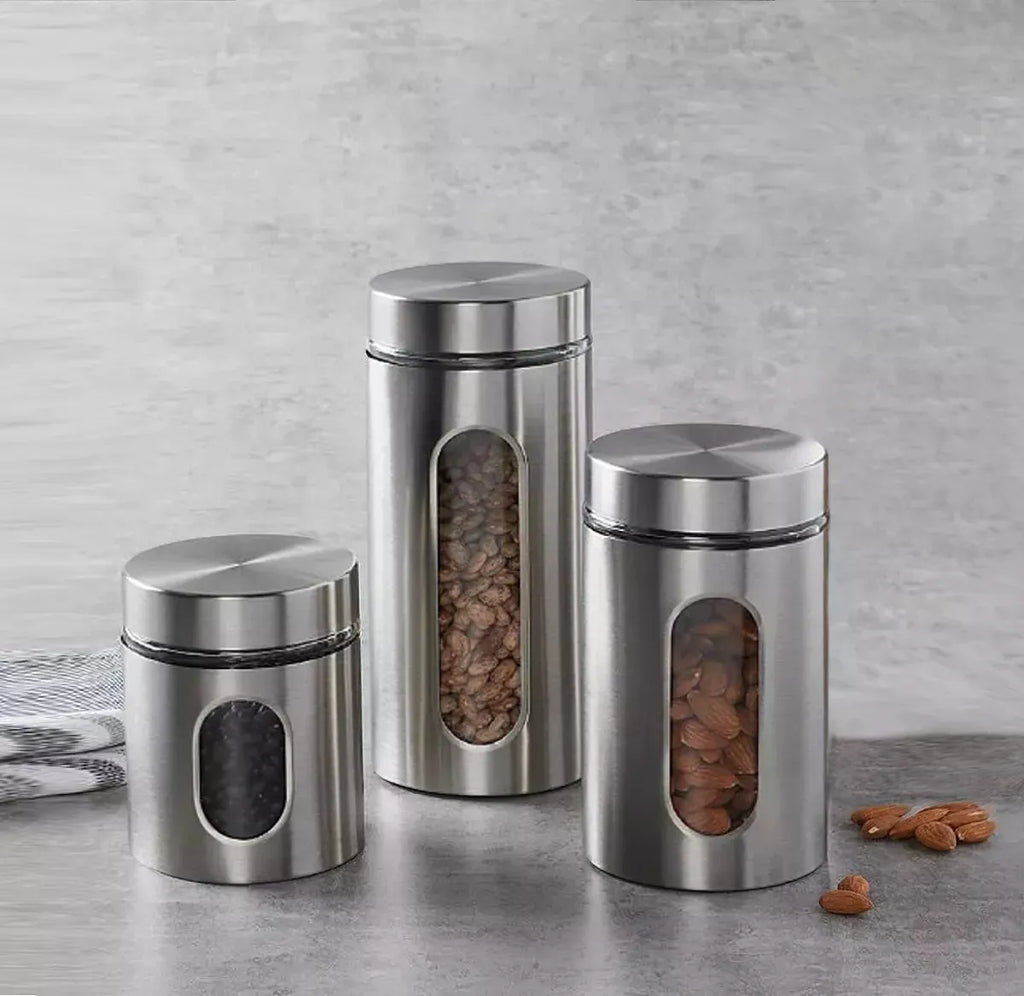 Jogo Pote Hermético Aço Inox Visor Vidro 3 Pçs Condimentos Pratead