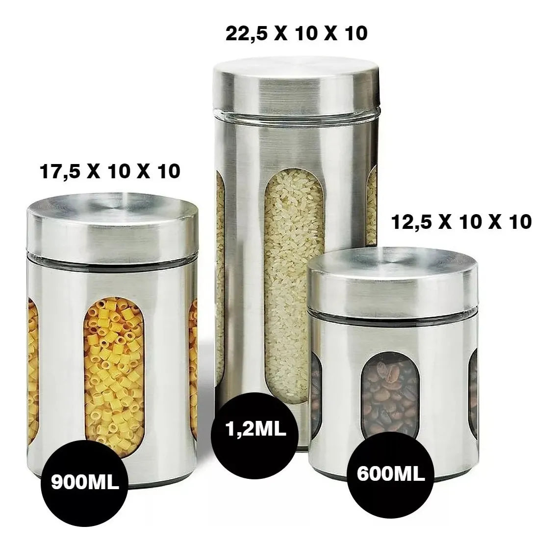 Jogo Pote Hermético Aço Inox Visor Vidro 3 Pçs Condimentos Pratead