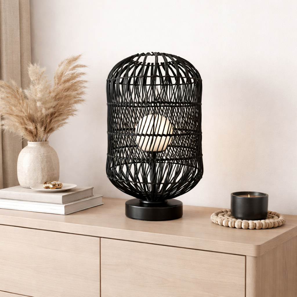 Abajur de Mesa Rattan Preto Luxo 40x24 cm – Estrutura em Metal