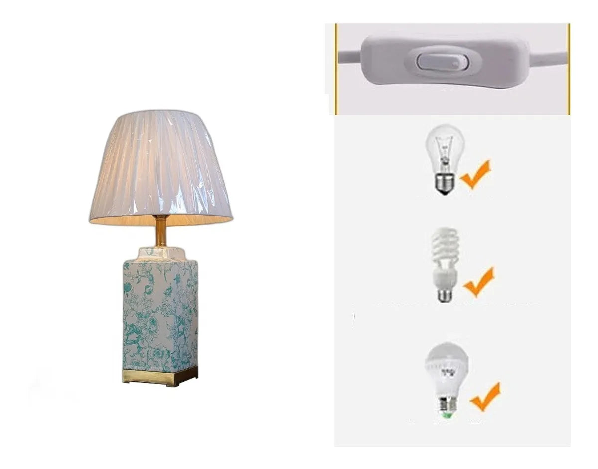 Abajur Luminária de Mesa Porcelana Branco com Verde e Metal Dourado 65x34 cm