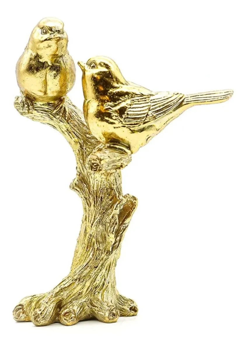 Escultura Decorativa Pássaro Casal Dourado – 18 x 15 cm
