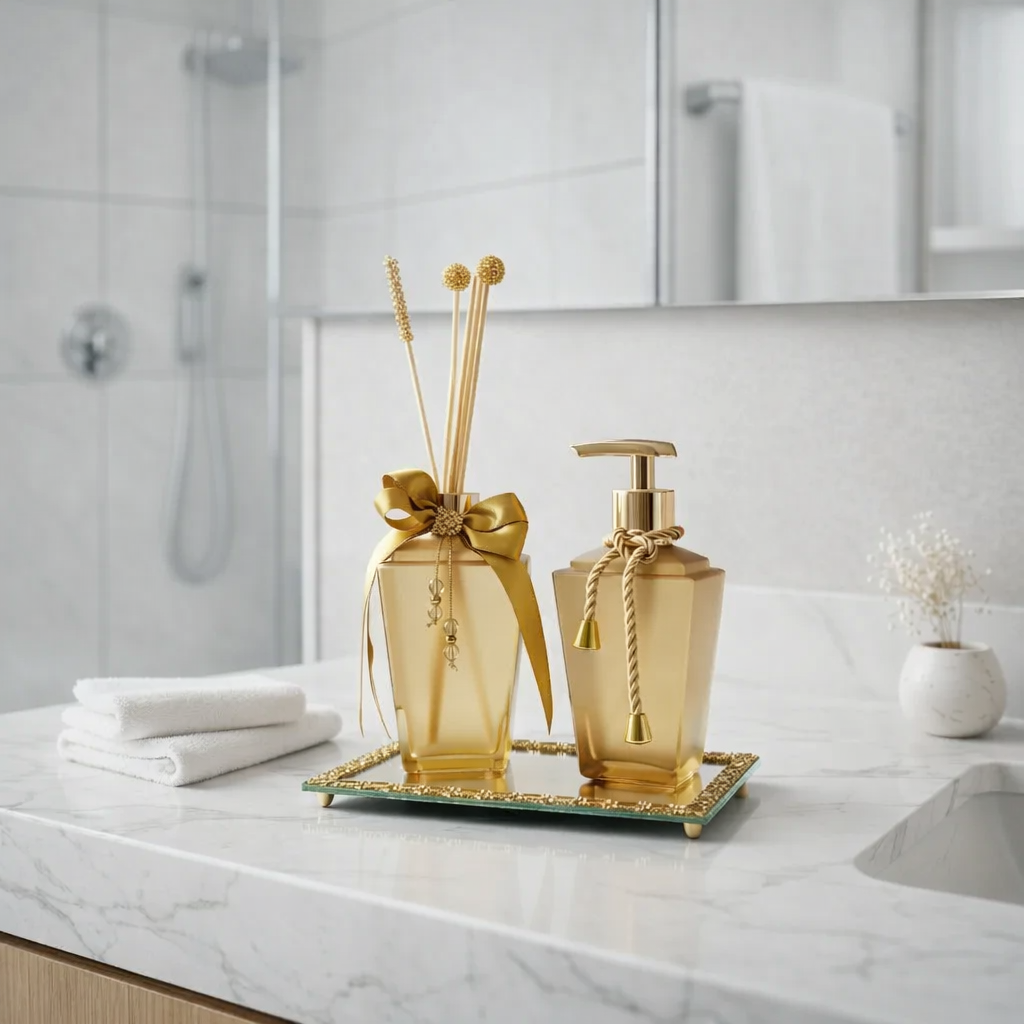 Kit Lavabo Difusor Sabonete Bandeja Espelhada Todo Em Vidro Marrom-claro