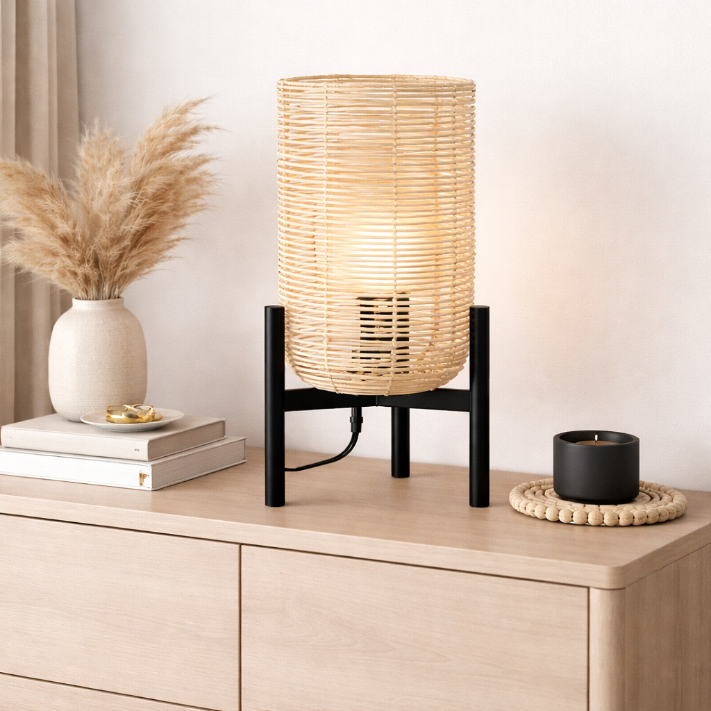 Abajur de Mesa em Rattan com Pedestal Preto Luxo 50x24 cm