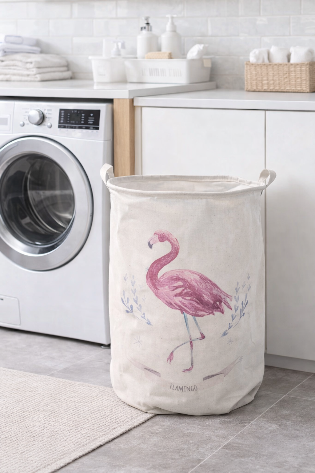 Cesto de Roupa Suja Dobrável em Lona 50x45 – Estampa Flamingo