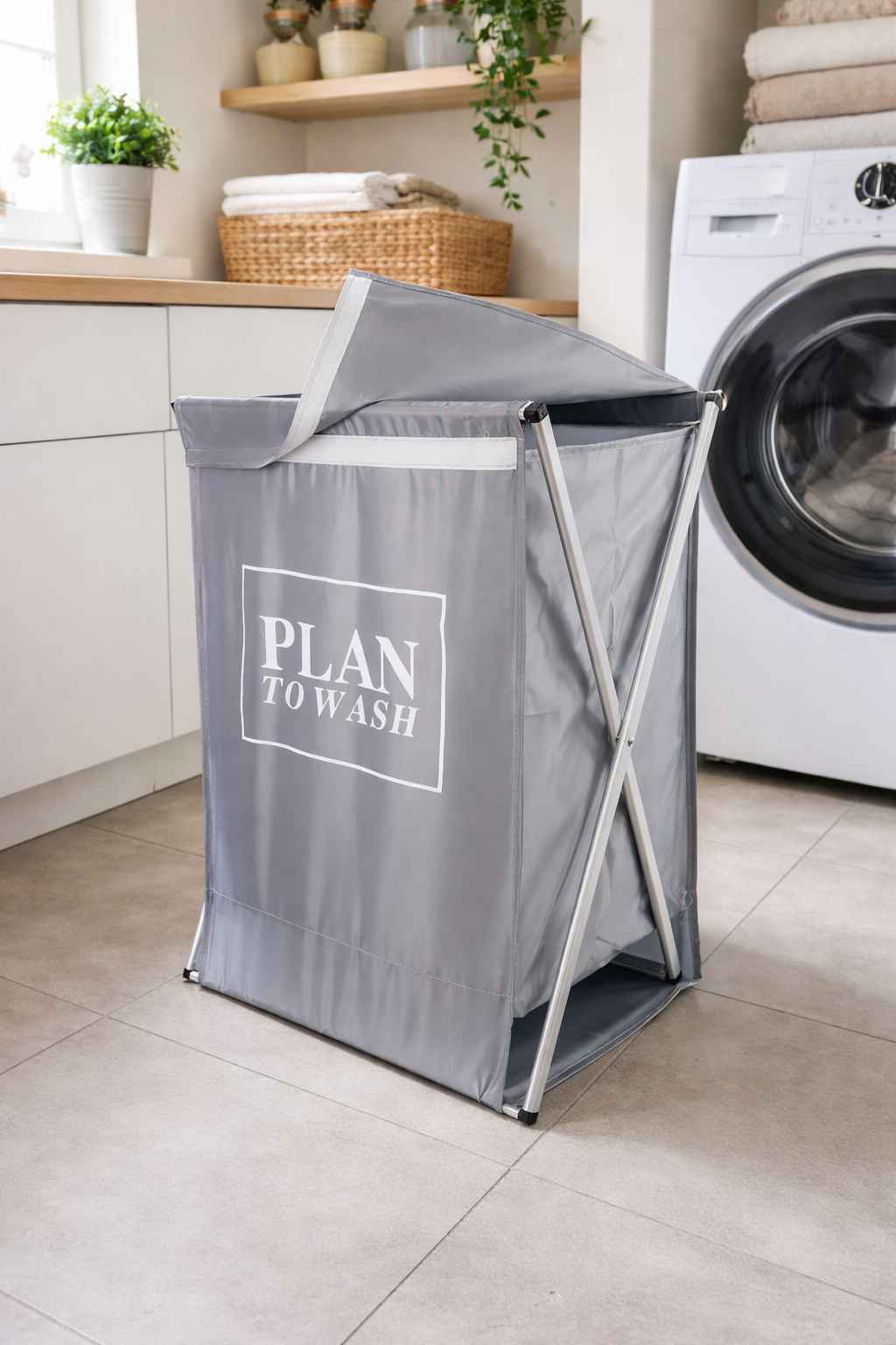 Cesto de Roupas Dobrável Deluxe com Tampa – Cinza | 63 x 38 cm