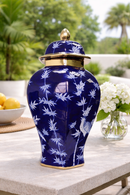 Vaso Decorativo de Porcelana Azul Marinho e Dourado com Tampa – 43x21