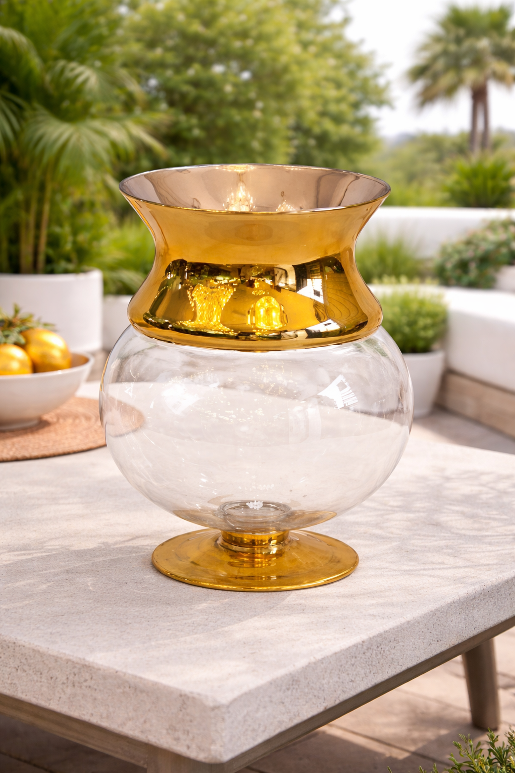 Vaso Decorativo em Vidro com Borda Dourada – 29 x 25 cm