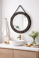Espelho Decorativo Redondo Luxo com Alça de Couro Legítimo 69 cm – Preto | Estilo Rústico Premium