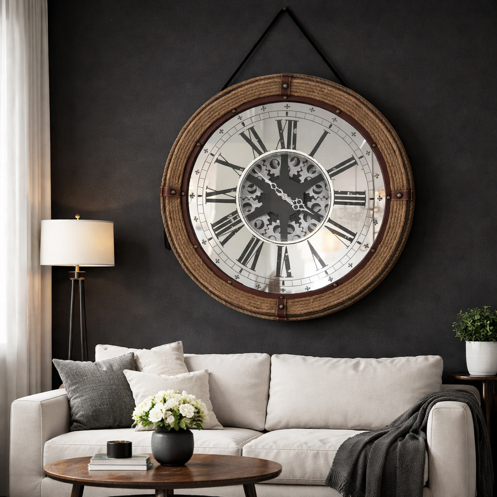 Relógio de Parede Vintage 70cm com Moldura em Couro e Fundo Espelhado – Marrom e Cinza