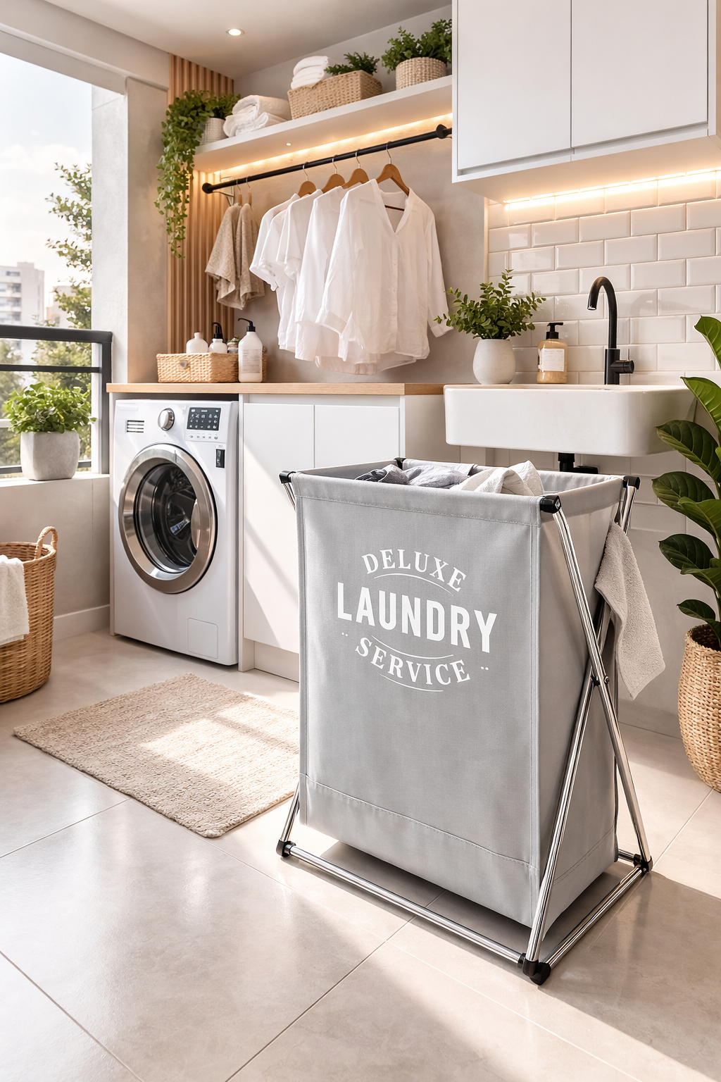 Cesto de Roupas Dobrável Deluxe Cinza 63x38 cm – Organizador para Lavanderia, Banheiro e Closet