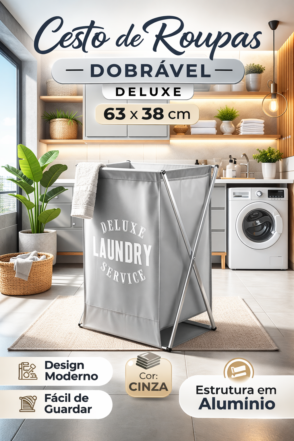 Cesto de Roupas Dobrável Deluxe Cinza 63x38 cm – Organizador para Lavanderia, Banheiro e Closet