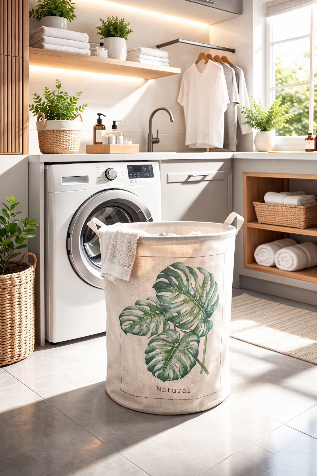 Cesto de Roupa Suja Dobrável em Lona Estampa Folhas Natural 50x45 cm – Organizador Decorativo