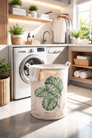 Cesto de Roupa Suja Dobrável em Lona Estampa Folhas Natural 50x45 cm – Organizador Decorativo