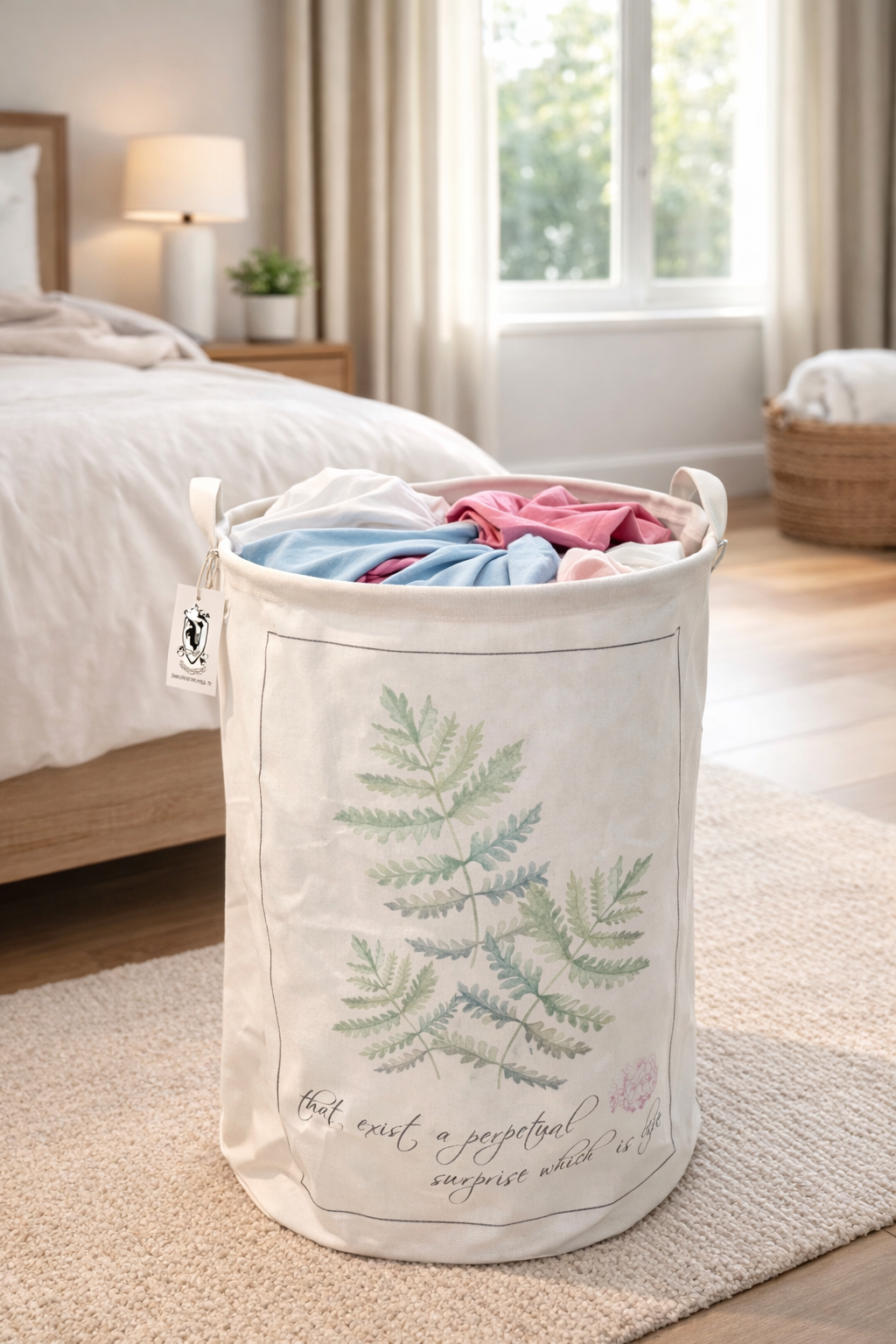 Cesto de Roupa Suja Dobrável em Lona Estampa Folhas Natu 50x45 cm – Organizador Decorativo