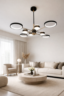 Lustre Pendente Sala Luminária LED 8 Lâmpadas Moderno Preto e Dourado 127/220V