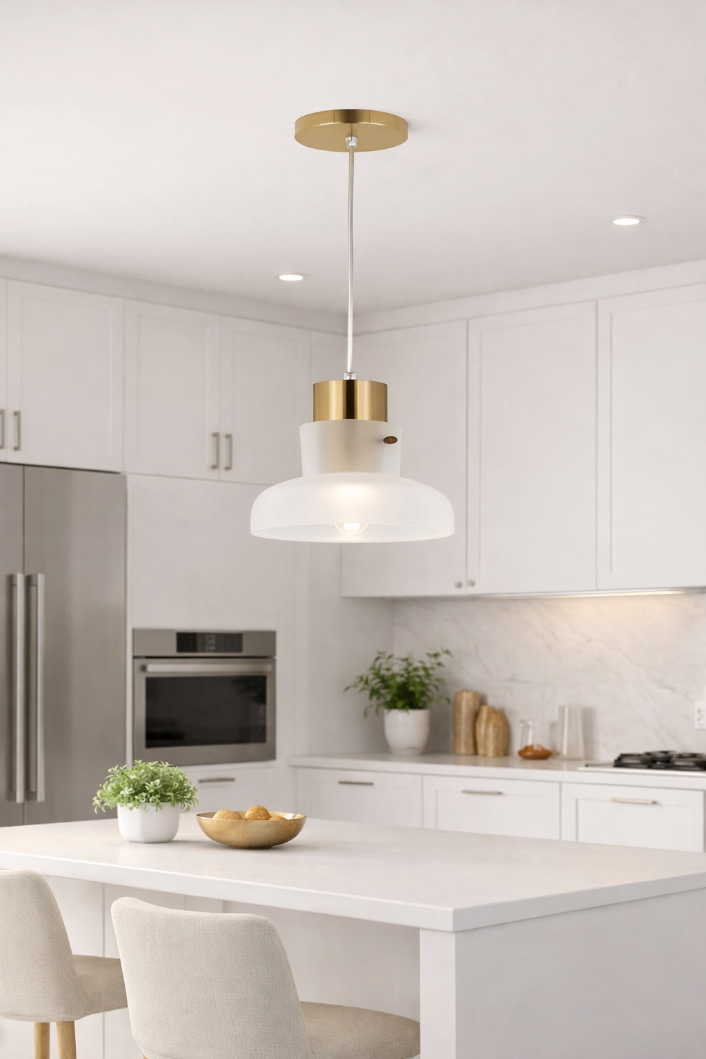 Lustre Pendente Cozinha Sala Cúpula Branca com Dourado LED – Design Moderno