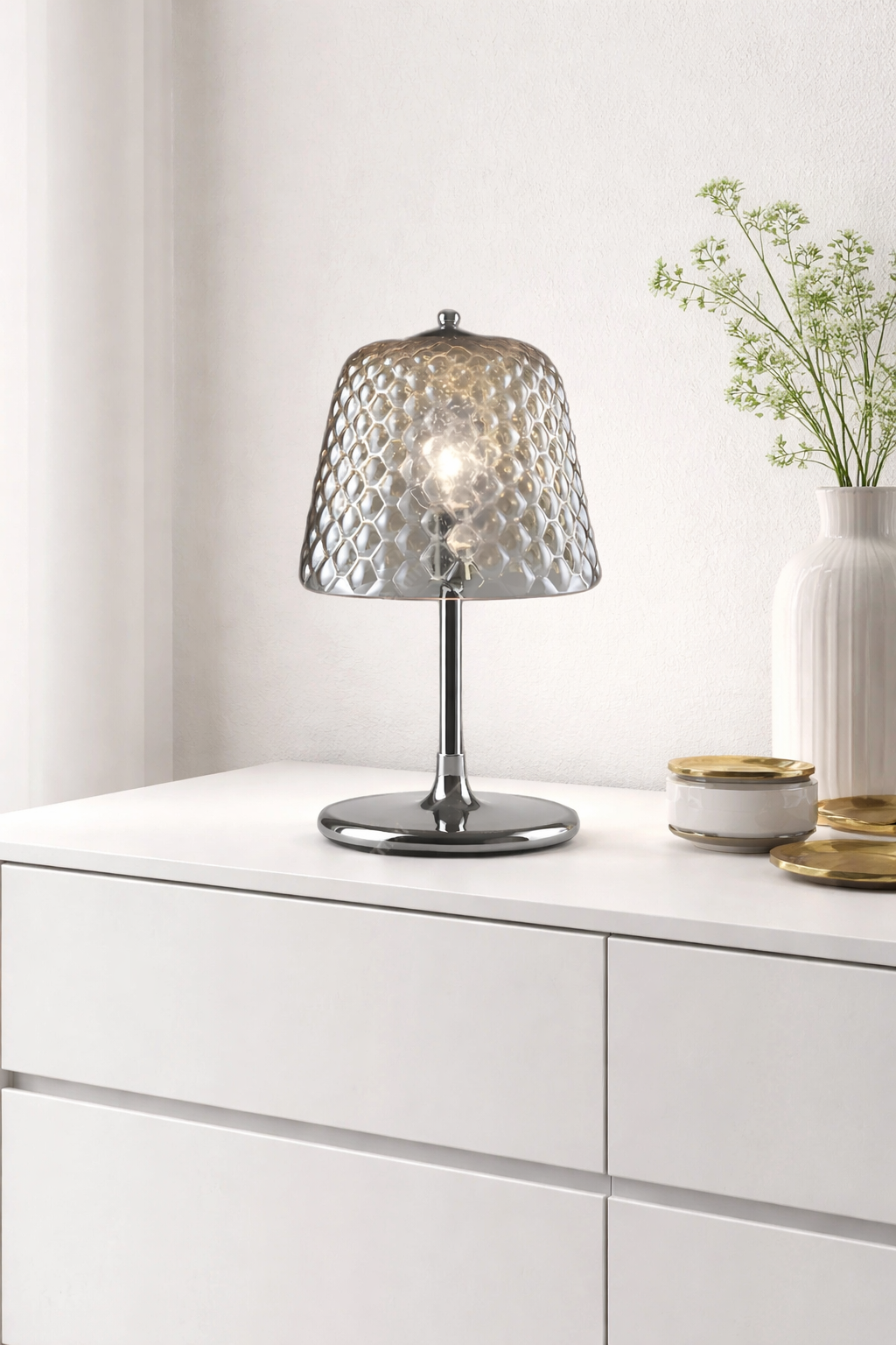 Abajur Luminária Quarto Sala Vidro e Metal Requinte 47x24 Prateado Fumê 127/220V