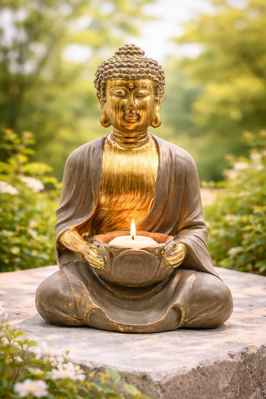 Buda Decorativo Porta-Vela em Poliresina – Dourado | 23 x 12 cm