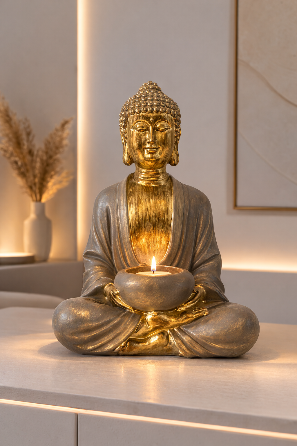 Buda Decorativo Porta-Vela em Poliresina – Dourado | 22 x 14 cm