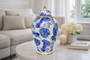 Vaso Decorativo de Porcelana Azul e Branco com Tampa 30x18 cm – Folhas