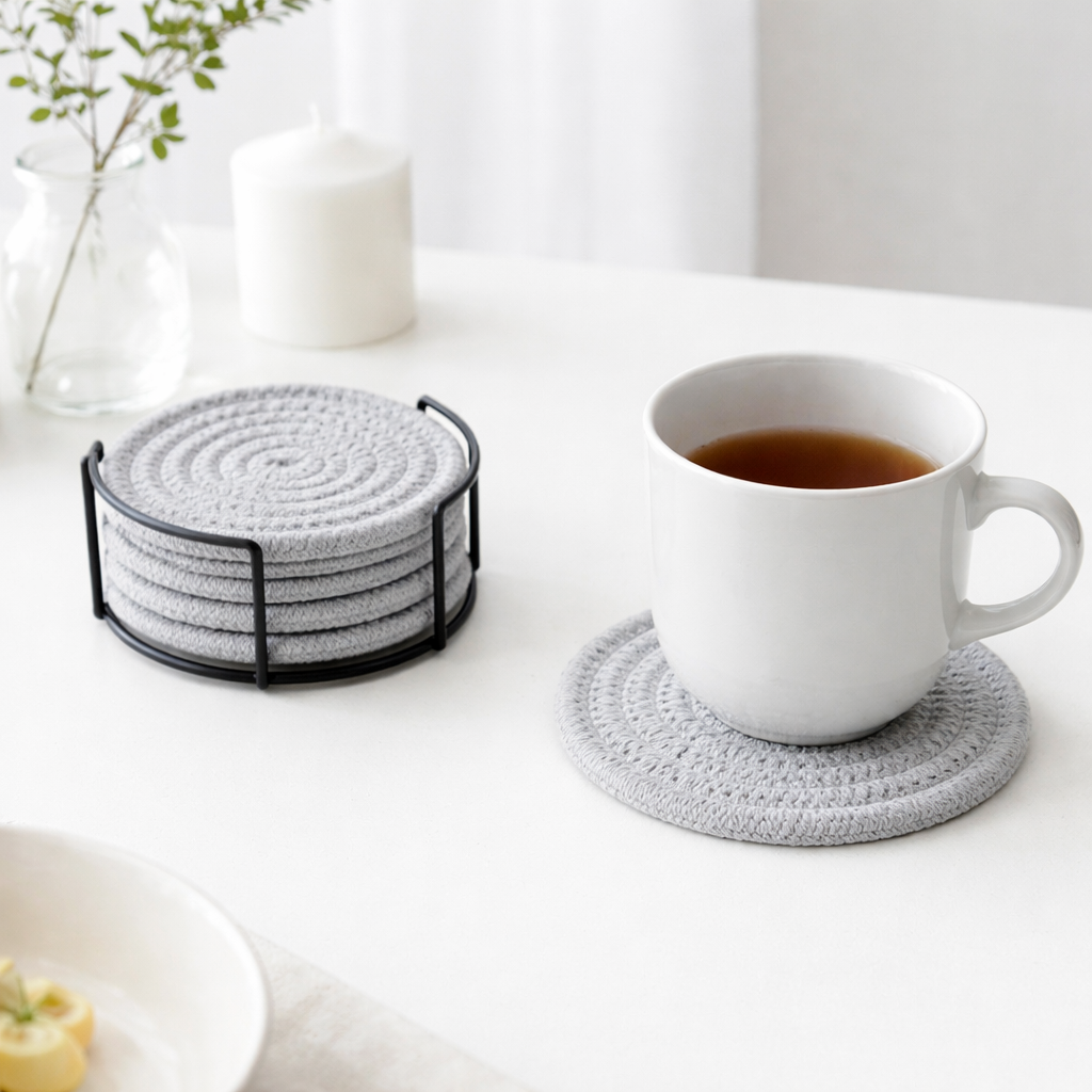 Porta-Copos de Mesa Kit com 6 Peças 11,5cm – Algodão Natural Dupla Face (Cinza Claro)