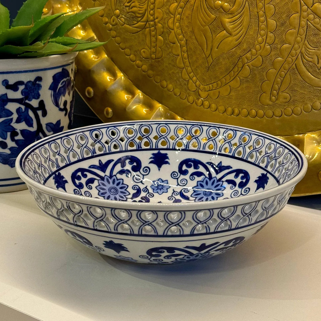 Fruteira Centro De Mesa Saladeira Porcelana Azul Branca 26x9