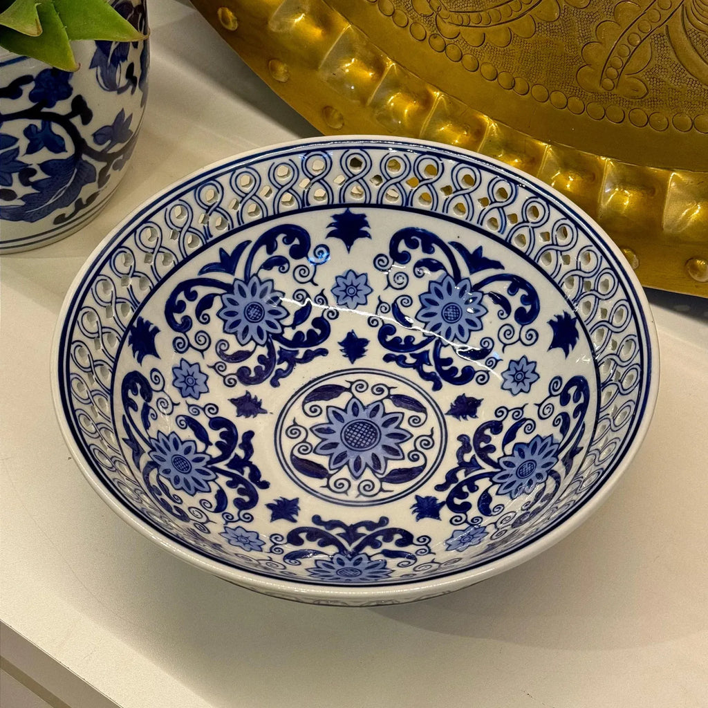 Fruteira Centro De Mesa Saladeira Porcelana Azul Branca 26x9