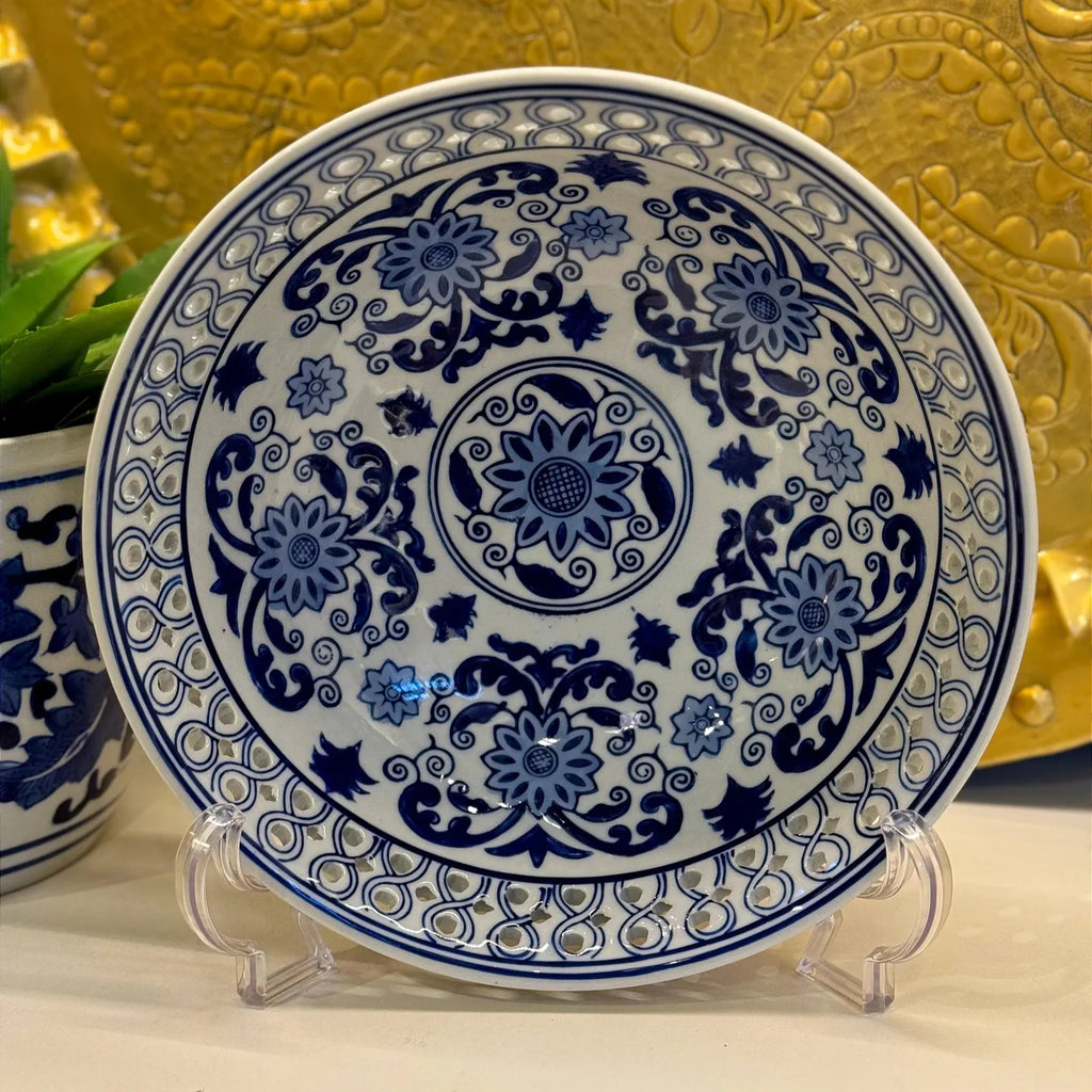 Fruteira Centro De Mesa Saladeira Porcelana Azul Branca 26x9