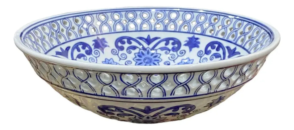 Fruteira Centro De Mesa Saladeira Porcelana Azul Branca 26x9