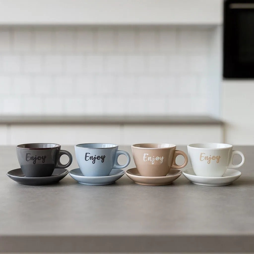 Conjunto 4 Xícaras com Pires em Cerâmica Bege 300ml Elegance