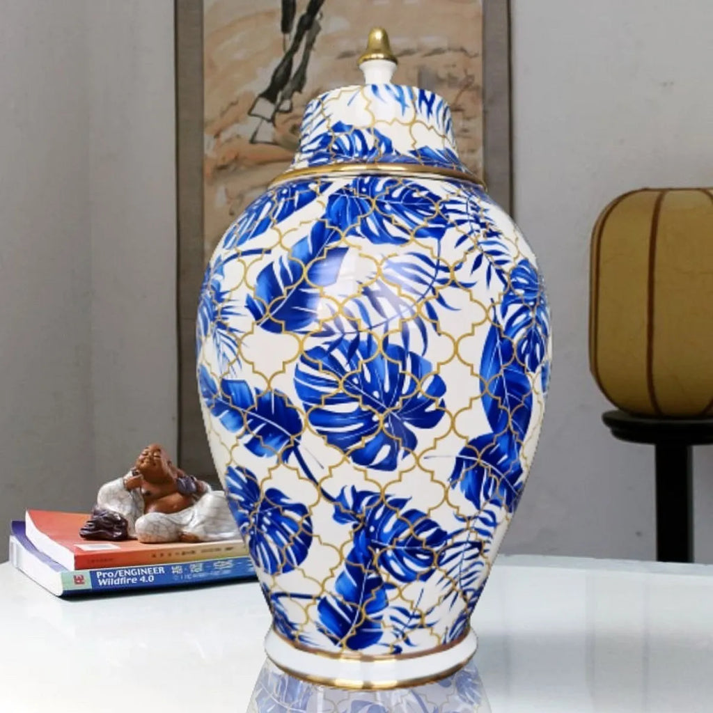Vaso Decorativo de Porcelana Azul e Branco com Tampa 30x18 cm – Folhas
