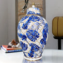 Vaso Decorativo de Porcelana Azul e Branco com Tampa 30x18 cm – Folhas