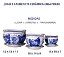 Jogo 3 Cachepot Cerâmica Vasos E Pires Azul E Branco